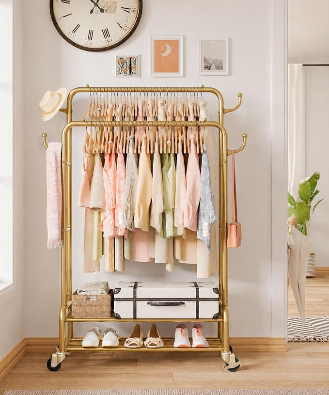 Homde Heavy Duty Clothes Rack: 265lb Rolling Double Rod Garment Hanging - Metal Coat Organizer Storage Display Shelf on Wheels for Bedroom Laundry