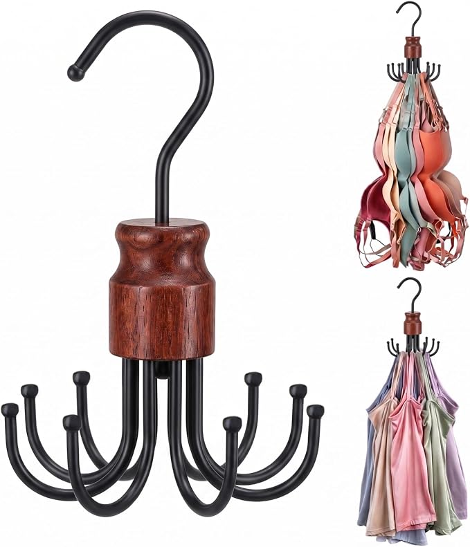 2 Pack Bra Hangers for Closet Organizer, Space Saving Metal Tank Top Hangers with 8 Foldable Hooks Holds 48 Items Total, 360° Rotating Storage for Bras, Scarves, Belts, Purses and More