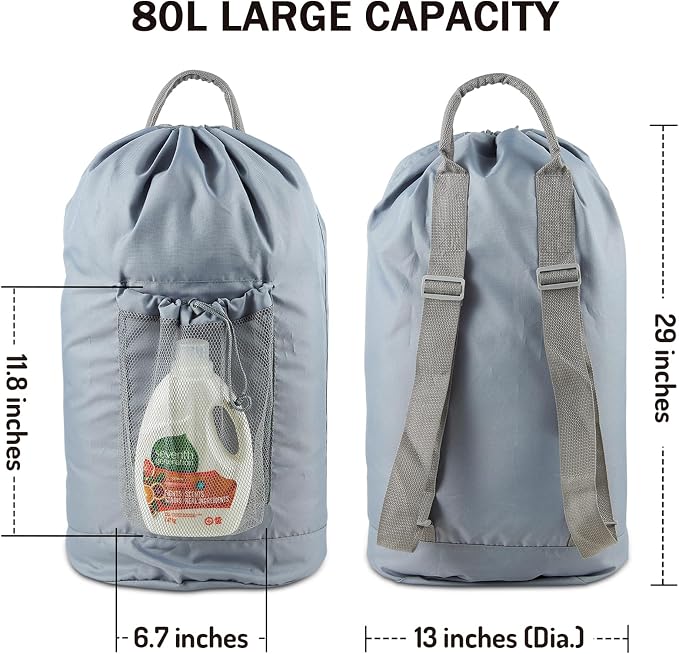 Seiritex Backpack Laundry Bag, Large Laundry Backpack with Detergent Holder and Adjustable Shoulder Straps for College Travel Dorm Room (Gray)