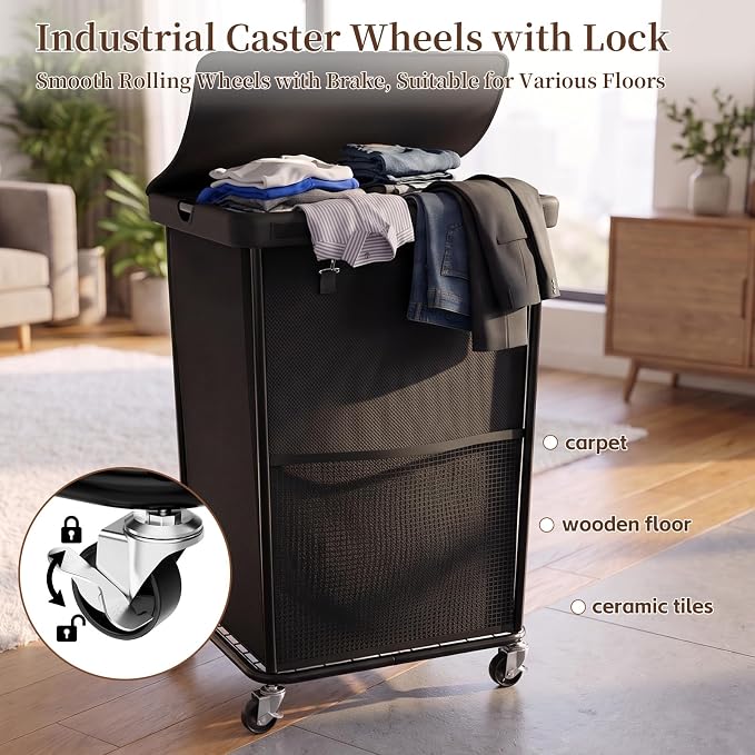 Laundry Hamper with Wheels and Lid, 150L Large Rolling Laundry Basket Black | Heavy Duty Clothes Organizer, Sturdy Metal Frame, Lockable Swivel Casters, Removable Bag, For Bedroom, Bathroom, Laundry Room