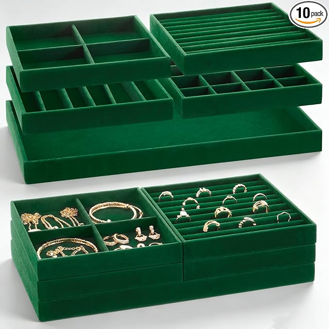 Cinnvoice Set of 10 Stackable Jewelry Organizer Trays for Drawer 14 Inch Velvet Jewelry Drawer Insert Display Storage with Removable Divider for Necklace Earring Ring Watch Bracelet (Dark Green)