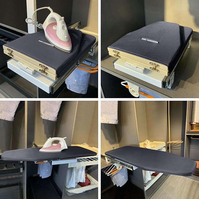 Retractable Foldable Ironing Board, 180° Swivel Pull Out Ironing Board Closet Sliding Out Space Saving with Removable Heat Resistant Ironing Board Cover