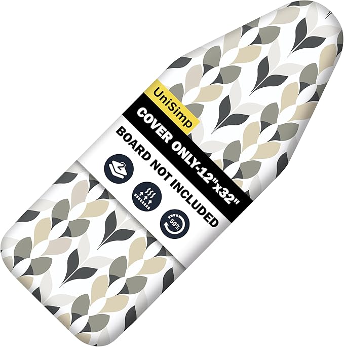 UniSimp Small Ironing Board Cover and Pad 12"x32" Small Iron Board Cover with Padding,Tabletop Mini Ironing Board Cover and Pad Small Size, Cotton Canvas, Heat Resistant, Drawstring Closure Foliage