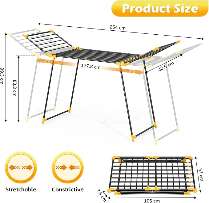 KINGRACK Clothes Airer with 2 Folding Wings, Extendable Stand Dryer Made of Tubular Steel, Variable Width 177.8-254 cm, Foldable Wing Clothes Dryer for Balcony & Indoor Use, Space Saving (Yellow, L)