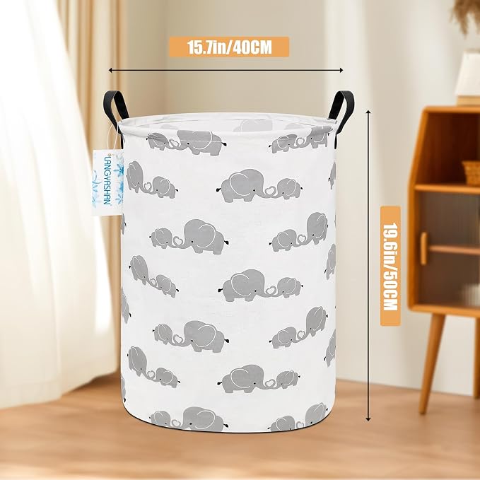 Round Laundry Basket Collapsible Storage Hamper Love Elephant | Waterproof Canvas Foldable Baskets with sturdy Handles Multi-scene Organizer for Home Play Bedroom Gift Bin