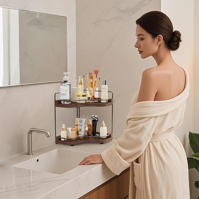 2-Tier Corner Bathroom Counter Organizer, Larger Size | Embedded Screw Holes, Sturdy & Stable, Oversized, Holds More, Vanity Shelf for Makeup & Skincare, Dark Brown