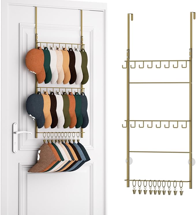 HapiRm Over Door Hat Rack - 3 Tier Wall Mounted Hat Organizer with 16 Hooks and 10 Movable Clips, Baseball Cap Organizer Storage Holds up to 26 Caps for Door, Bedroom, Closet USPTO Patent Pending