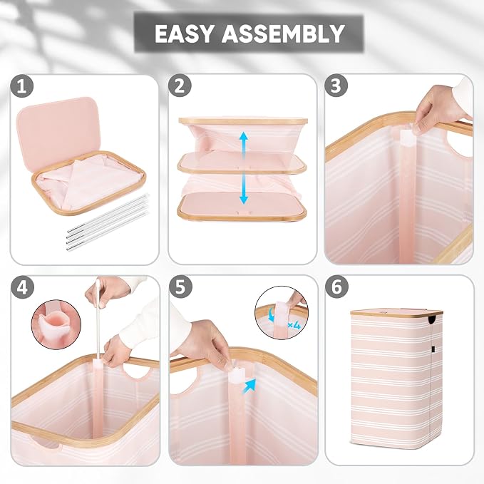 BALEINE Laundry Hamper with Lid, Tall Laundry Baskets with Bamboo Pull Handles, Large Laundry Bin with Internal Support (18 Gal/70L, Pink Pinstripe)