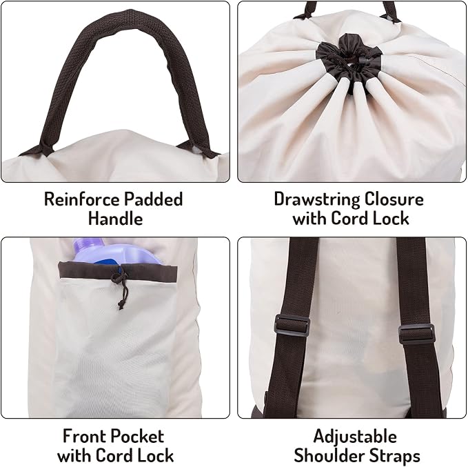 Seiritex Laundry Bag Backpack with Shoulder Straps and Detergent Holder Clothes, Travel Laundry Backpack Bag Hamper for College (Khaki w Brown)