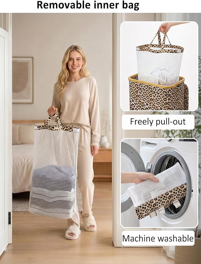 IEGrow Laundry Hamper with Lid,110L Laundry Basket with Bag,Leopard Print | Dirty Clothes Hamper Basket with Bamboo Handle for Clothes Towels Organization