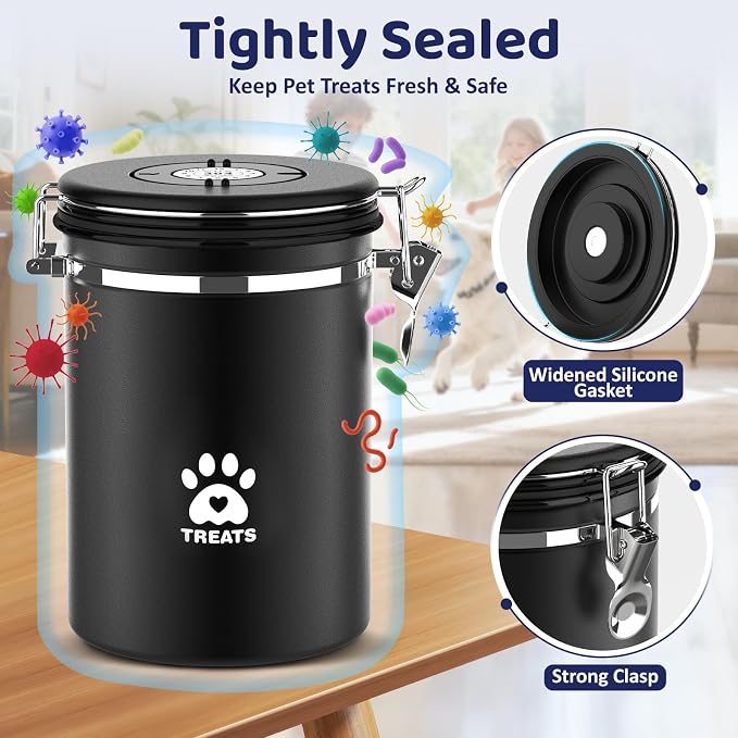 ENONCI Dog Treat Container Airtight,8.2"x5.9" Stainless Steel Cat Treat Jar for Kitchen Counter with Scoop, Pet Storage for Fresh Dog Cookie