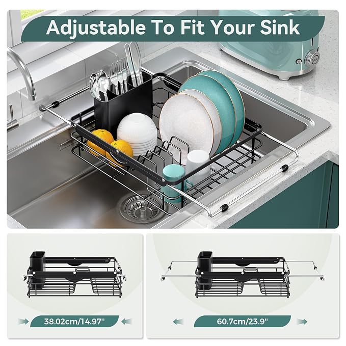Over the Sink Dish Drying Rack,In Sink Dish Drying Racks,Expandable Dish Rack Over Sink Counter,Adjustable Dish Drainer for Inside Sink with Utensil Holder, Stainless Steel Dish Strainer Large Size
