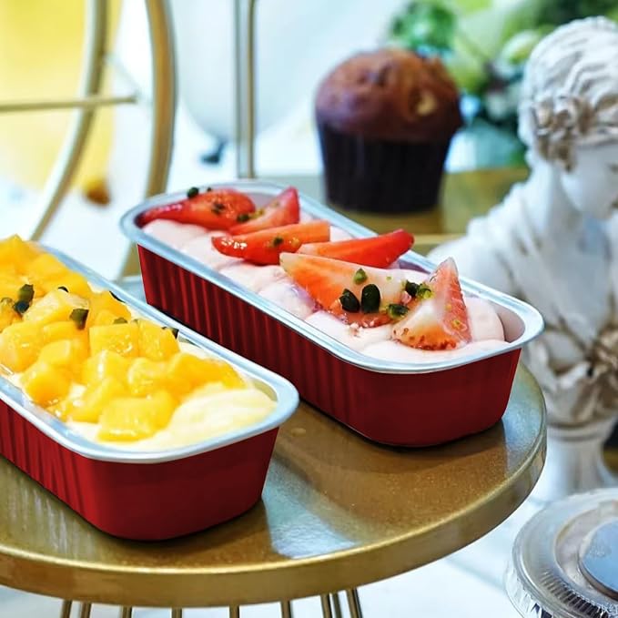 Mini Cake Pans with Lids and Spoons 200 Pack, Mini Loaf Pans with lids 6.8oz, Small Disposable Aluminum Foil Loaf Pans, Rectangular Baking Container for Party, Picnics and Housewarming (Red)