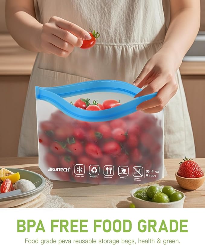 IDEATECH 10Pack Reusable Quart Freezer Bags, Food Storage Bags Stand Up | Dishwasher Safe, Leakproof, BPA-Free Food Grade, Freezer Safe, Quart Size for Meat, Marinades, Salads, Snacks, Lunch, Travel