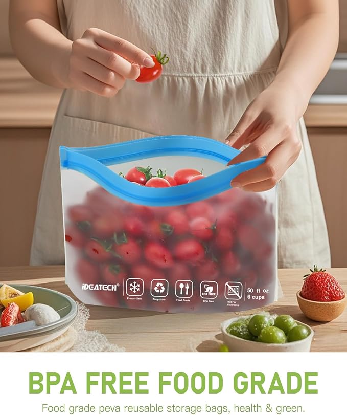 IDEATECH 10Pack Reusable Snack Bags Dishwasher Safe, Leakproof Reusable Freezer Bags, Food Freezer Storage Bags, Clear Small Resealable Baggies for Cookies, Candy (10Snack, Colored)