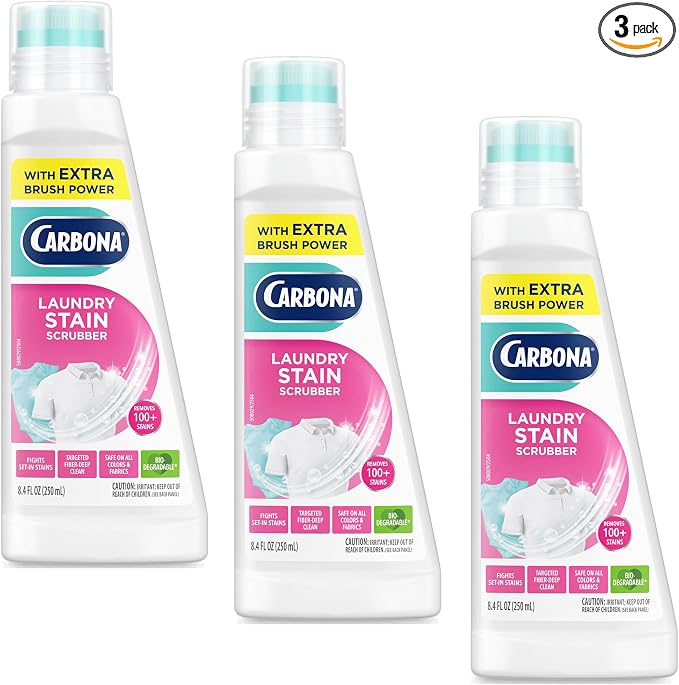 Carbona Laundry Stain Scrubber | Bio-Enzyme Stain Remover | Eliminates Fat, Oil, Blood, Milk, Fruit, Ketchup, Vegetables & Baby Food Stains | Save On Skin & Washable Fabrics | 3 Pack