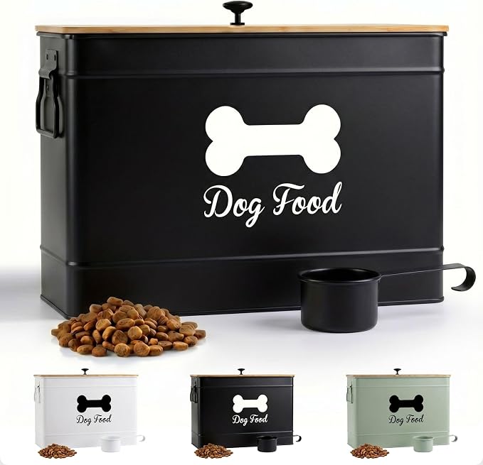 Dog Food Container Airtight Bamboo Lid 15-20 lb Sturdy Metal Handle 70 Cups | Pet Jar For Dogs up to 100lbs, Airtight Bamboo Lid, Sturdy Comfortable Metal Handle, Powder Coated Iron, Kibble Storage Bin