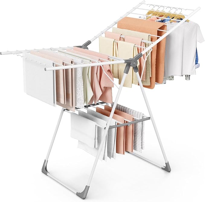 Sakugi Clothes Drying Rack, 55.5" Adjustable Wings, Foldable Design | Laundry Room, Bedroom, Outdoor & Indoor Use, Height Adjustable, Collapsible, White Gray, 55.5" L × 22.8" W