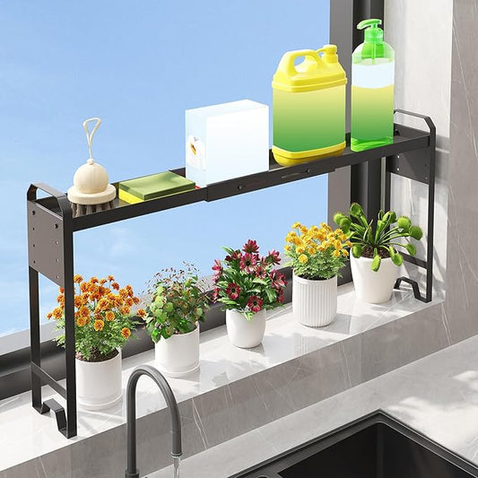 Over The Sink Shelf & Window Plant Shelf, Expandable Kitchen Organization Adjustable in Height & Length, Multi-Purpose Storage Rack for Stove, Bathroom, Study
