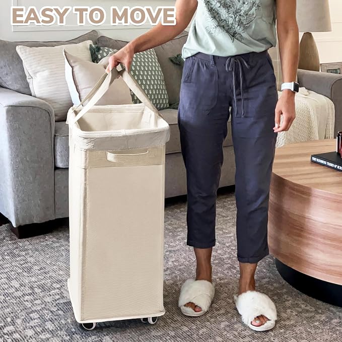 CHICVITA 75L Slim Collapsible Laundry Basket with Wheels & Wash Bag, Ivory | Removable wash bag, slim design for bedroom, laundry room, college dorm. Rolling clothes hamper for dirty laundry