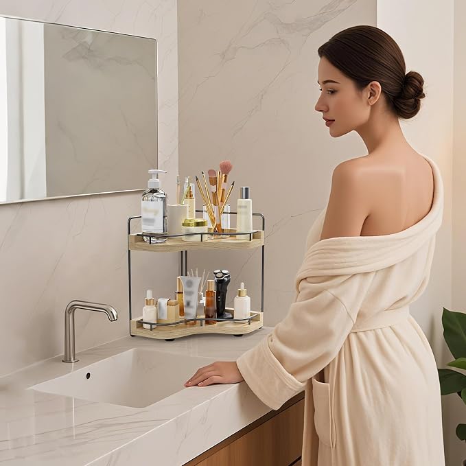2-Tier Corner Bathroom Counter Organizer, Larger Size | Embedded Screw Holes, Sturdy & Stable, Holds More Bottles, Vanity shelf for Makeup & Skincare, Light Walnut