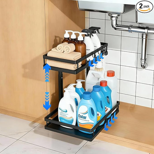 2-Tier Under Sink Organizer, Metal Pull Out Shelf, Black | Carbon steel, ball-bearing pull-out, 6-level adjustable, no-drill setup, for under-sink pipes and bottles