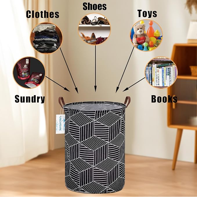 Round Laundry Basket Collapsible Storage Hamper Organizer Black diamond | Waterproof Canvas Foldable Baskets with sturdy Handles Multi-scene Organizer for Home Play Bedroom Gift Bin