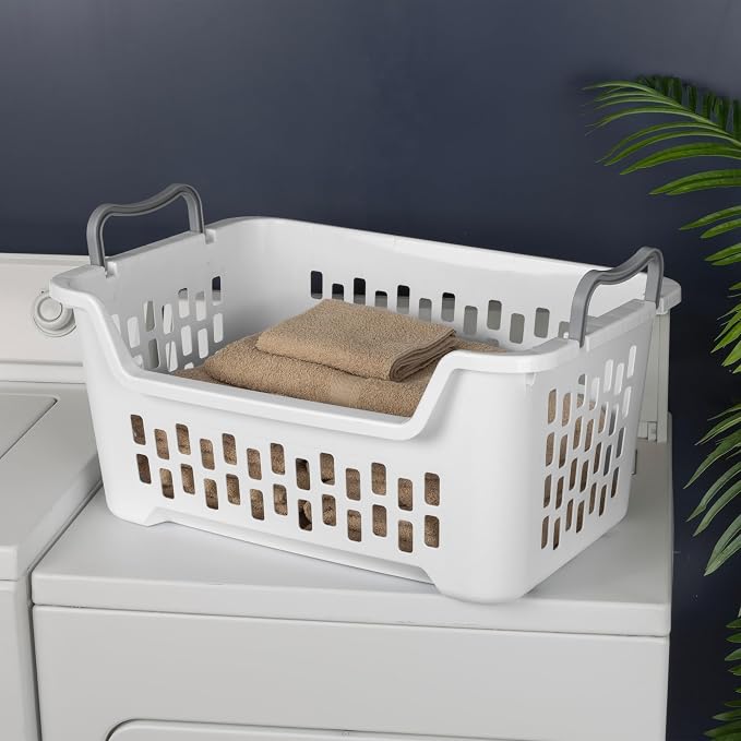 Sterilite 12 Pack Stacking Laundry Basket, 2 Bushel Clothes Hamper, White | Stackable Laundry Basket, Large Rectangular Storage Bin with Carrying Handles and Large 2 Bushel Capacity