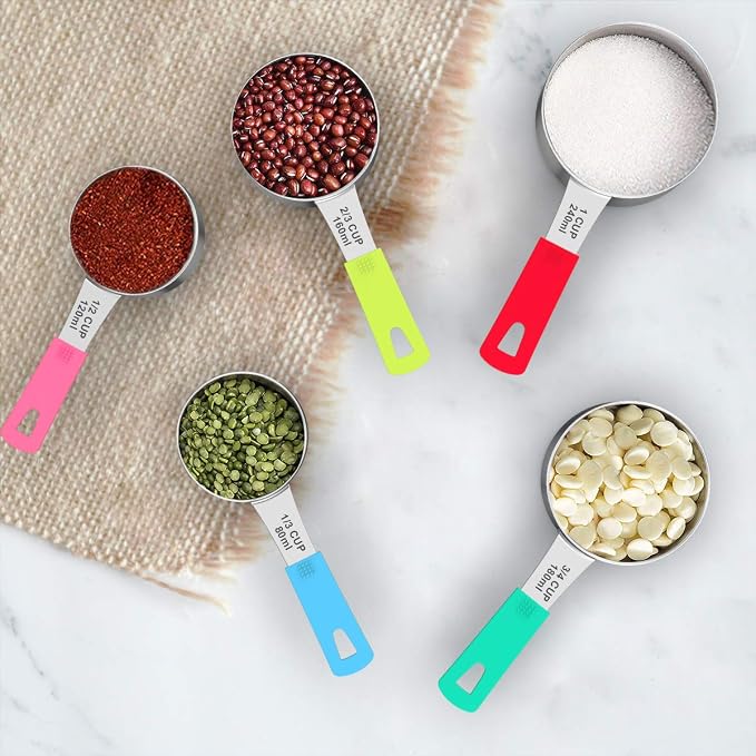 Wildone Stainless Steel 8-Piece Measuring Cups Set with Silicone Handle | Kitchen Gadgets for Cooking & Baking, Dishwasher Safe