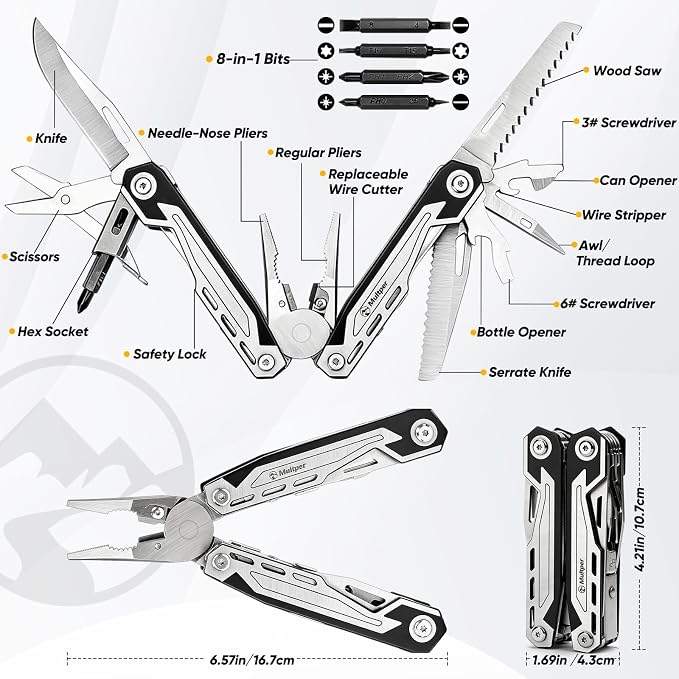 Multper 21-in-1 Multitool with Pocket Knife & Scissors,Screwdriver | Foldable Stainless Steel Multi Tool with EDC Sheath,Self-locking, Ideal for Camping, Survival,Simple Repair, Gifts for Men