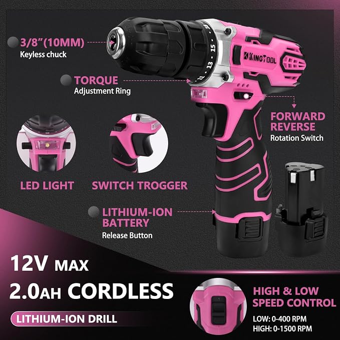KingTool 276-Piece Tool Set Kit - Tool kit with 12V Cordless Power Drill Driver Toolbox Storage Case with Drawer, Drill Set Perfect for Homeowner, Diyer, Handyman（Pink）