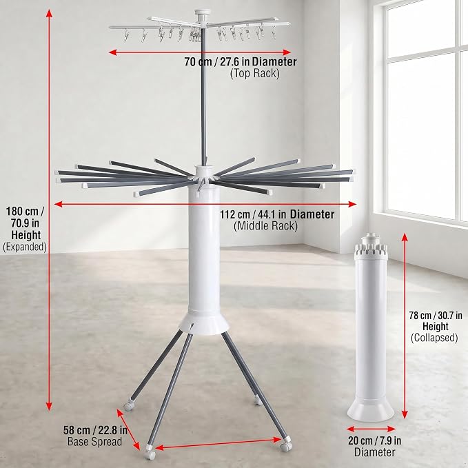 Clothes Drying Rack Foldable with Rolling Wheels, Portable Laundry Drying Rack with 16 Aluminum Arms, Stable 4-Leg Base, 360° Rotating Design for Indoor Outdoor (Double-tier without shoe rack)