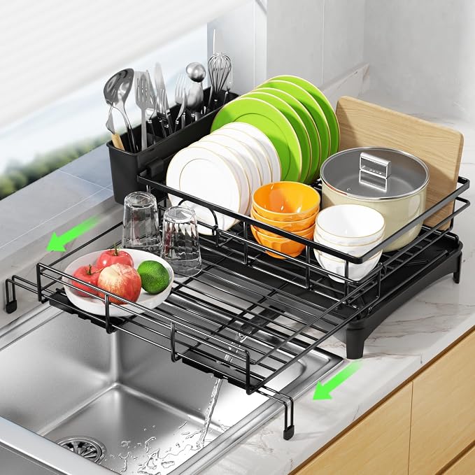 Expandable Over Sink Dish Drying Rack (12.6"-20.5"), Rustproof Metal Dish Drainer with Auto-Draining Tray & Utensil Holder, Large Capacity Sink Organizer for Kitchen Counter, Fits Most Sinks - Black