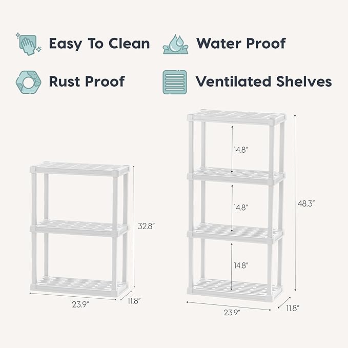 IRIS USA Plastic Storage Shelves |Made in USA| 48"H x 24"W x 12"D - White | Light Duty Rack Organizer, 200lb Total Capacity, 50lb Per Shelf, Shelving Unit for Bathroom, Laundry, Home & Pantry