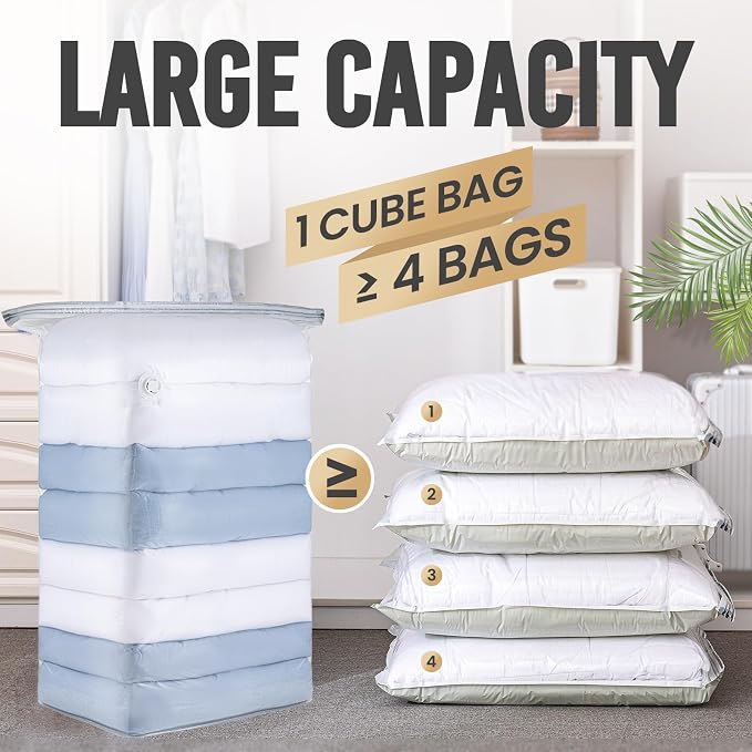 TAILI 8 Pack Vacuum Storage Bags, Jumbo Cube (31x40x15 Inch), Extra Large Vacuum Seal Bags for Comforters, Blankets, Bedding, Clotheing, No Pump Compression Cube, Clear