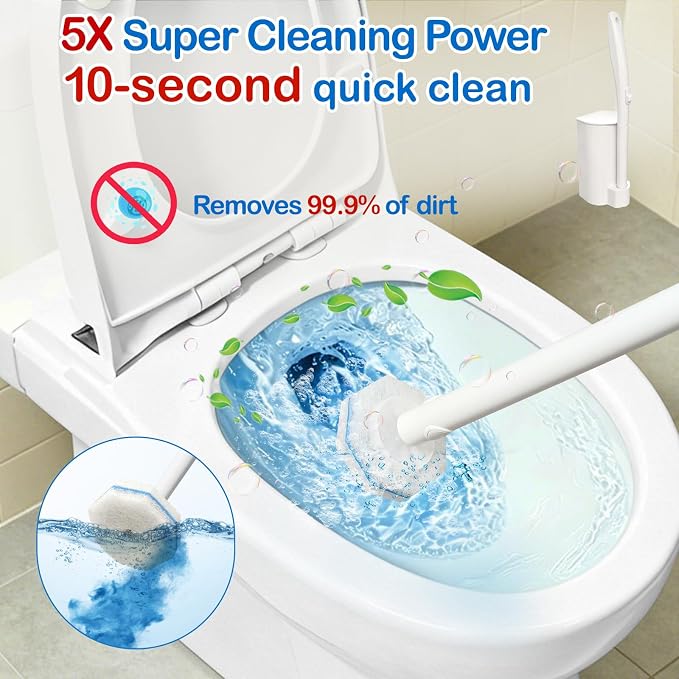 Disposable Toilet Brush and Holder Set, 40 Pre-Filled Refills, 5X Powerful No-Shed Pads, 360° Deep Toilet Bowl Clean, Toilet Bowl Cleaners with Storage Caddy & Adhesive Hooks