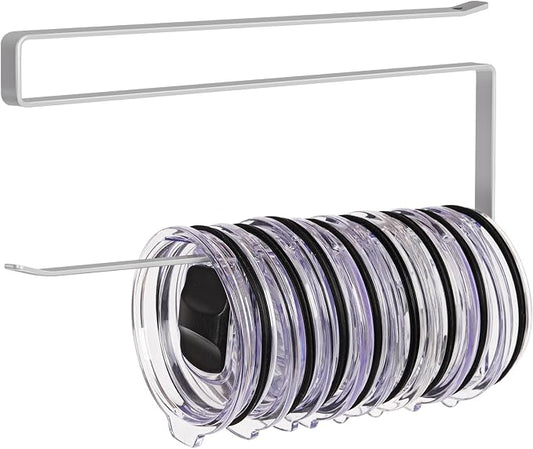 Tumbler Lid Organizer, Versatile Tumbler Lid Storage Holds 10 Lids, Grey | Space Saving Cup Lid Organizers Inside Cabinet Tumbler Lid Hook for Kitchen Organizer and Storage, Paper Towel Rack Hanger