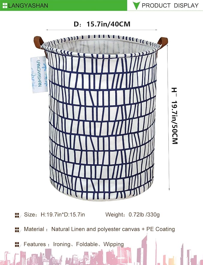 Round Laundry Basket Collapsible Storage Hamper Organizer Blue Stripes | Waterproof Canvas Foldable Baskets with sturdy Handles Multi-scene Organizer for Home Play Bedroom Gift Bin