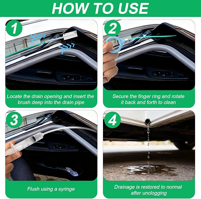 XANGNIER Auto Sunroof Drain Cleaning Tool,118in Extra Long Flexible Car Sun Roof Drain Cleaner Unclogger Tool with Tube Cleaner Brush Syringe Hose Cleaning Kit for Windshield Wiper Hole 5Pcs