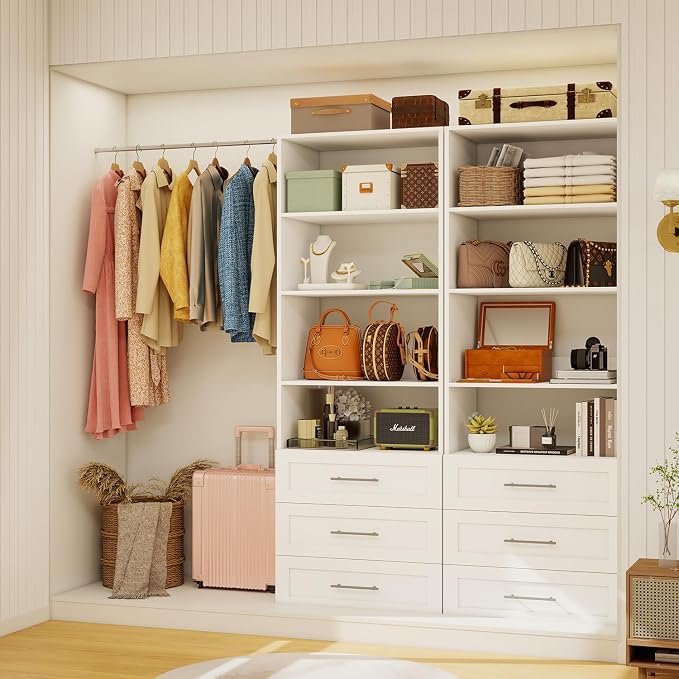 Closet System with 6 Drawers & 8 Shelves, Wood Closet Organizer System with 2 Extra Hanging Rod for Walk in Closet, Modular Closet Organizer System White(4FT)