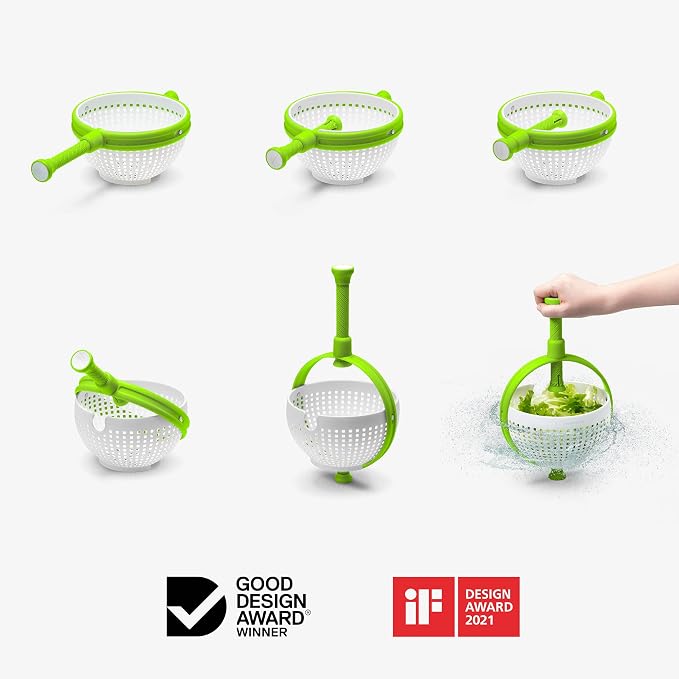 Dreamfarm Spina 2-In-1 Easy-To-Use, Collapsible Salad Spinner & Straining Colander for Salad, Fruit, Vegetable, Lettuce - White/Green | Compact storage, in-sink salad washer and strainer, 12 cup capacity, cleans fruit, vegetables and berries, drains pasta