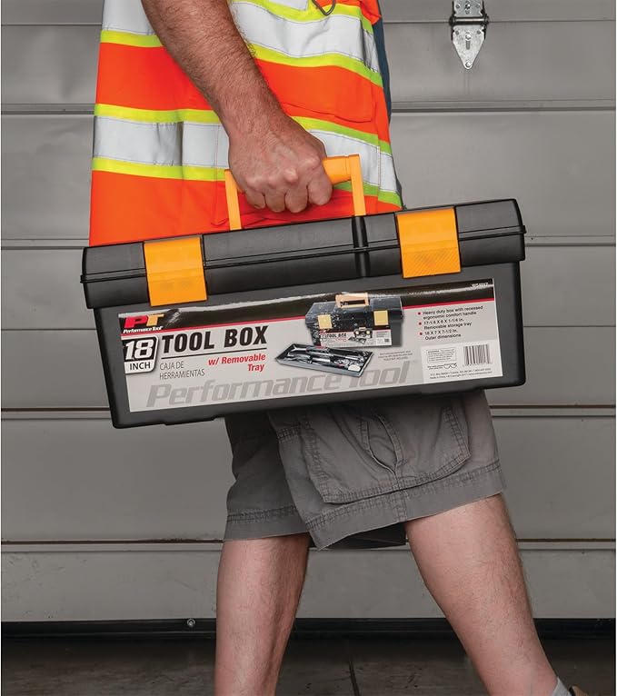 Performance Tool W54017 18-Inch Plastic Box with Handle, Tool Organizer Storage Box, Removable Inner Tray, Lightwieght & Easy to Carry