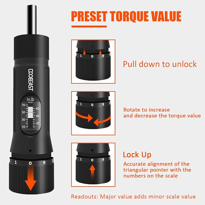 coobeast 49Pcs Preset 1/4” Drive Torque Screwdriver with S2 Bits | Torque Wrench Screwdriver Set, for Maintenance,Tools,Bike Repairing,Mounting,Inch Pound Torque Range 10-70 In-lb
