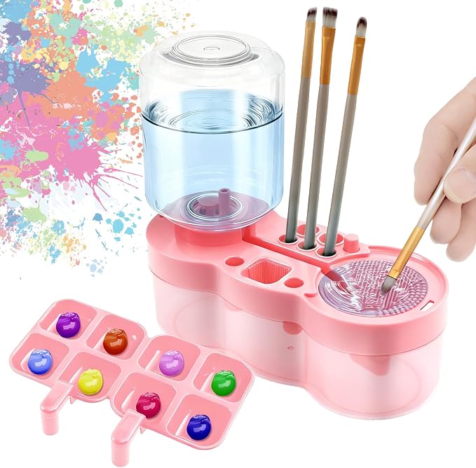 2026 Paint Brush Cleaner for Kids Water Circulation Paint with Drain Paint Water Dispenser with Palette Brush Holder Paint Brush Washer for Acrylic Painting Watercolor Art (pink)