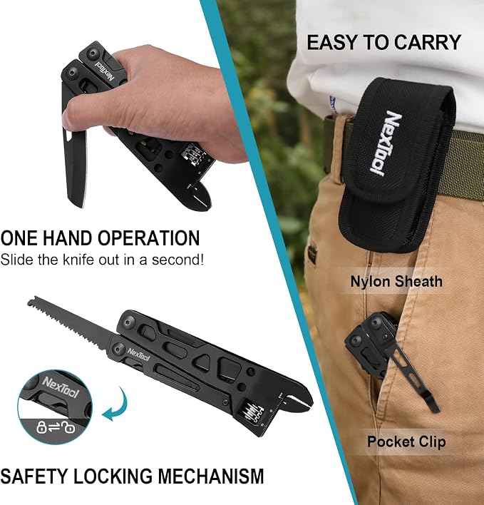 NexTool W3 Adjustable Wrench Multitool, 9-in-1 Folding Pliers | 20mm Jaw Opening, Locking Knife, Saw, Nylon Sheath, Heavy-Duty Stainless Steel Tool for Mechanical Repair, Camping, DIY