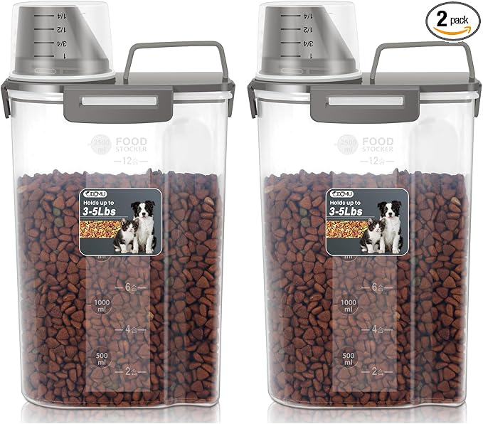 Dog Cat Food Storage Container, Pet Food Pourable Container Airtight with Large Spout & Cup, BPA-Free Plastic Food Dispenser for Pet Food, Bird Seed, Rice, Flour (Dark Olive, 2.5L (2 pack))