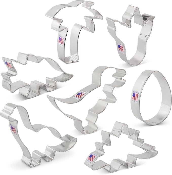 Ann Clark Dinosaur Cookie Cutter 7-Pc. Set (T-Rex, Brontosaurus, Stegosaurus, Triceratops, Dino Foot, Egg, Palm Tree), Made in USA