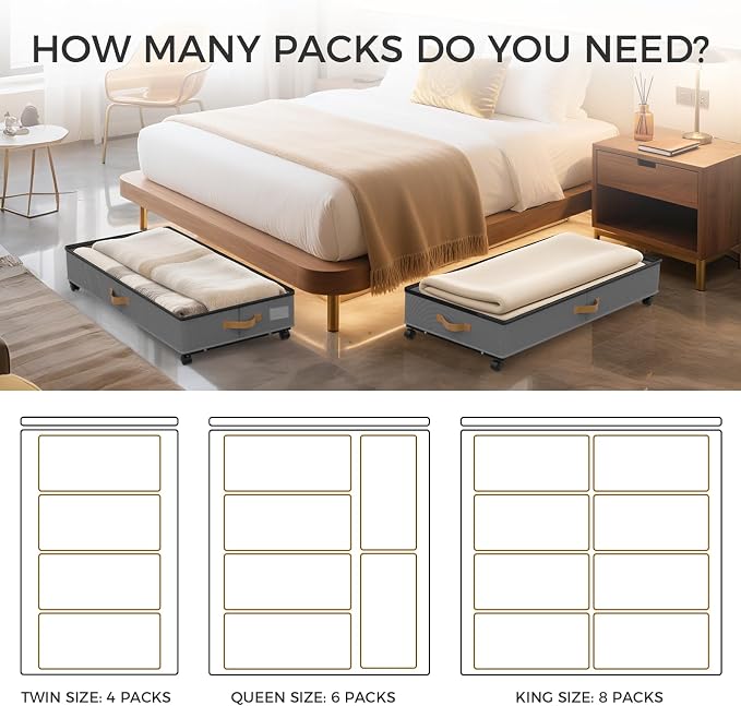 75L 4 Pack Adjustable Under Bed Storage with Wheels | Underbed containers with clear lids, rolling under bed shoe storage organizer for dorm home clothes, blankets, shoes, Grey