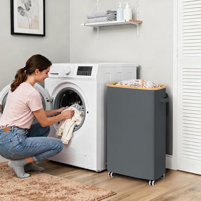 Goodpick 75L Slim Rolling Laundry Hamper with Wheels, Gray | 17 × 9.8 × 29.5 in, Lid Design, Collapsible, Removable Laundry Bag, Dorm & Bathroom Organization, Clothes & Bedding Storage