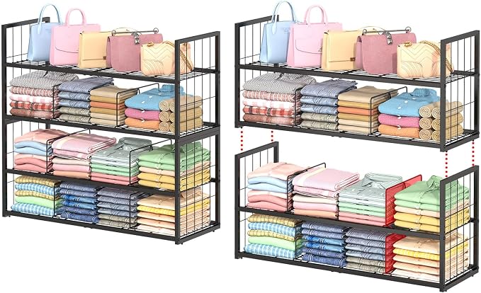 Hongtamoya 2-Pack Stackable Closet Storage Shelf with Adjustable Divide | Closet Organizer for Jeans Pant Shirt Bag Shoe Sweaters Storage, Clothing Shelving for Bedroom Wardrobe Closet System-Black